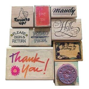 Wooden Rubber Stamp Lot Assorted Phrases & Designs Office Crafting